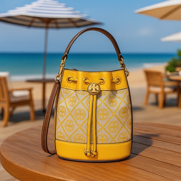 NEW Tory Burch T Monogram Jacquard Goldfinch Yellow Mini Bucket/Shoulder Bag - Picture 1 of 16